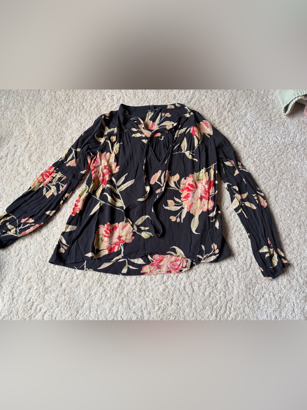 Billabong Black Floral Peasant Blouse with Pink and Cream Blooms